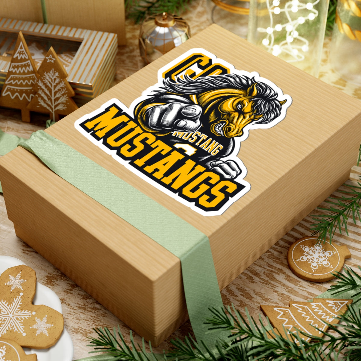 Mustangs Mascot Sticker — Pointing Mustang School Logo Kiss-Cut