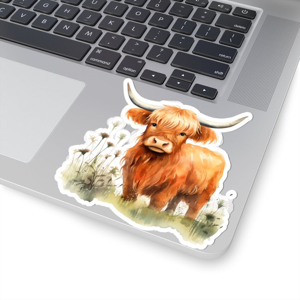 Highland Cow Kiss-Cut Sticker – Watercolor Farm Animal Decal for Laptops, Water Bottles & Journals