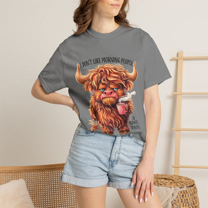 I Don't Like Morning People T-Shirt — Cute Grumpy Highland Cow Coffee Tee