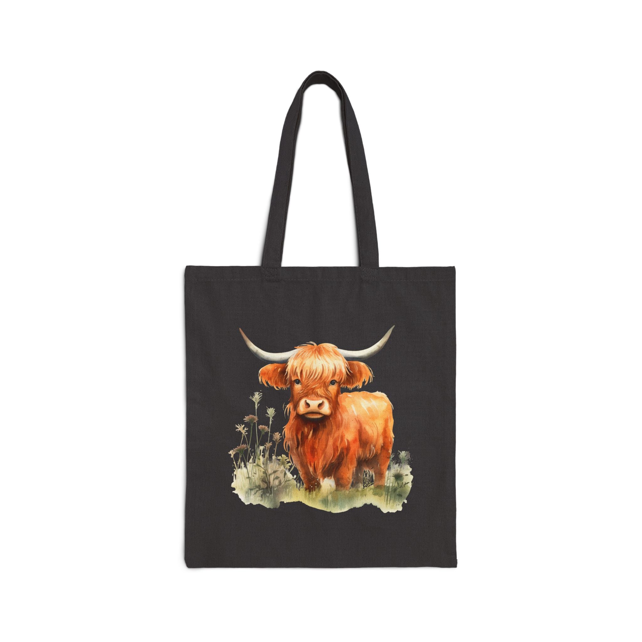 Highland Cow Canvas Tote Bag - Cute Watercolor Scottish Cattle Farmers Market Bag