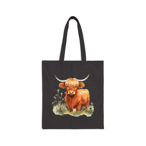 Highland Cow Canvas Tote Bag - Cute Watercolor Scottish Cattle Farmers Market Bag