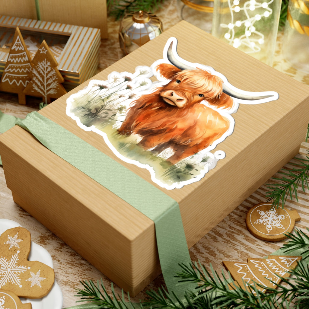 Highland Cow Kiss-Cut Sticker – Watercolor Farm Animal Decal for Laptops, Water Bottles & Journals