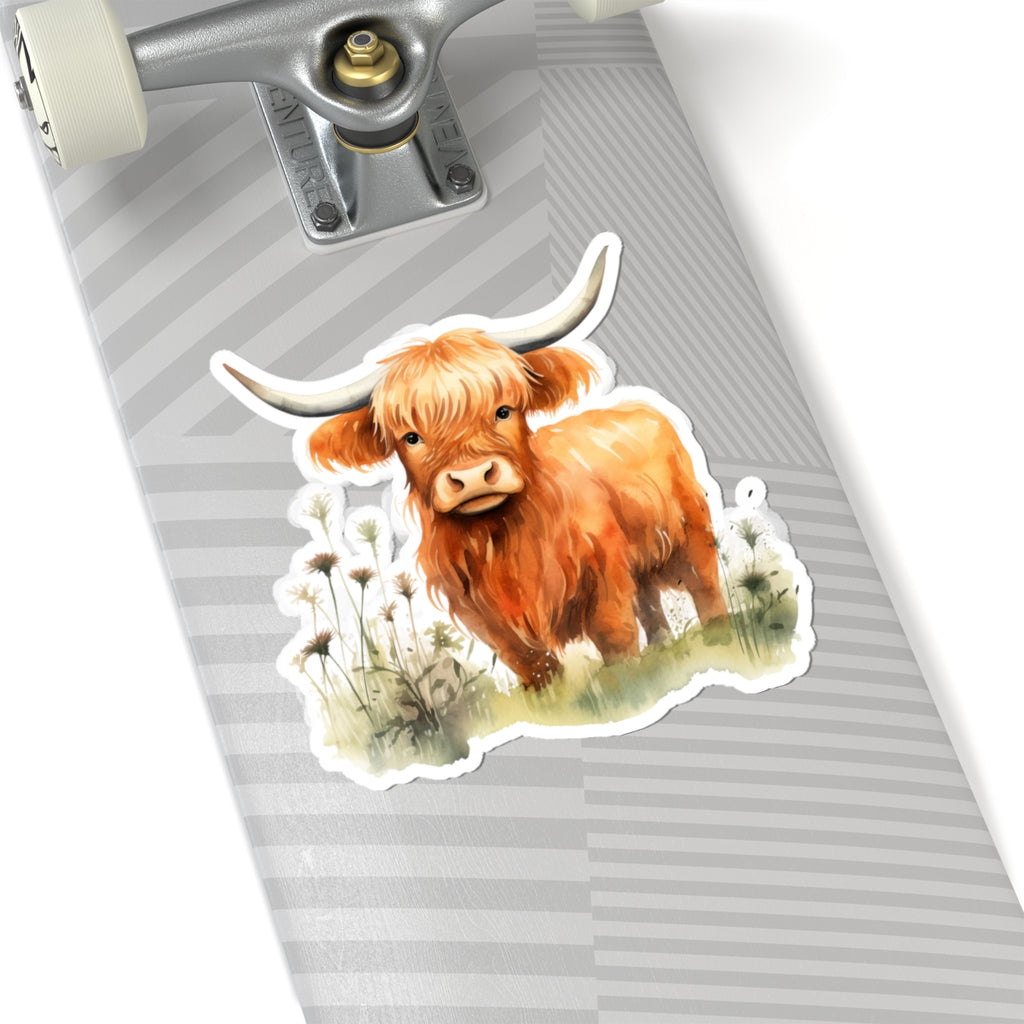 Highland Cow Kiss-Cut Sticker – Watercolor Farm Animal Decal for Laptops, Water Bottles & Journals