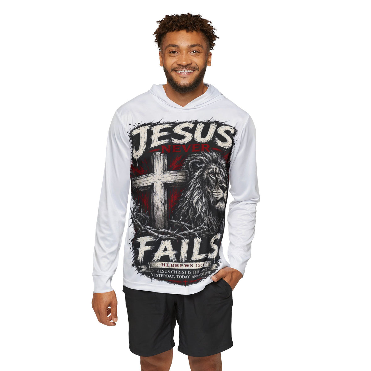 Jesus Never Fails Hoodie - Lion & Cross Christian Faith Sports Warmup