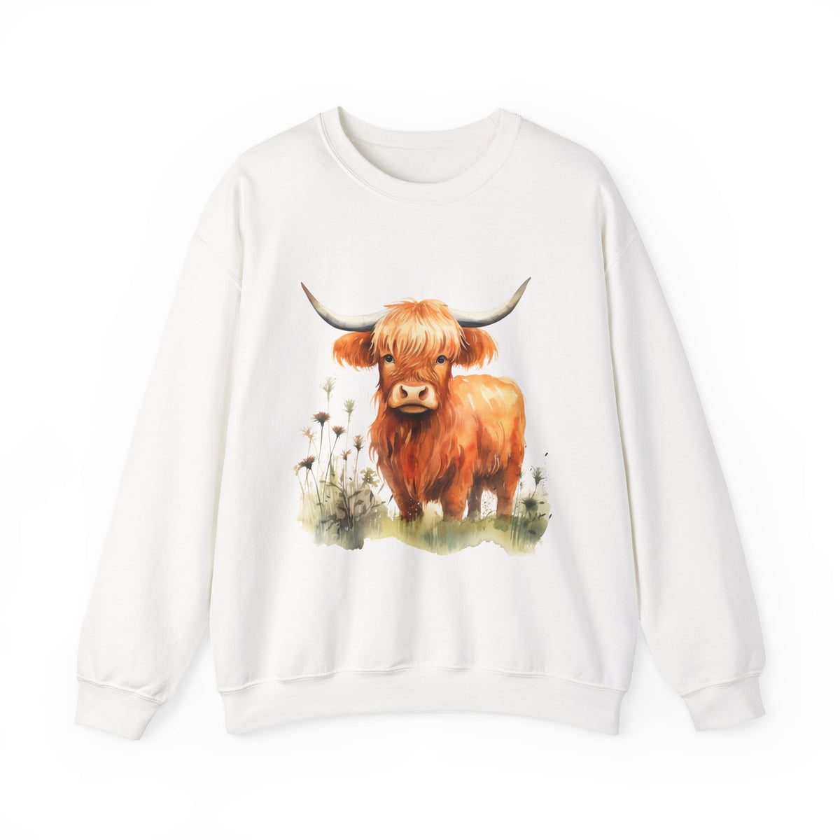 Highland Cow Crewneck Sweatshirt — Cute Watercolor Highland Cattle Graphic