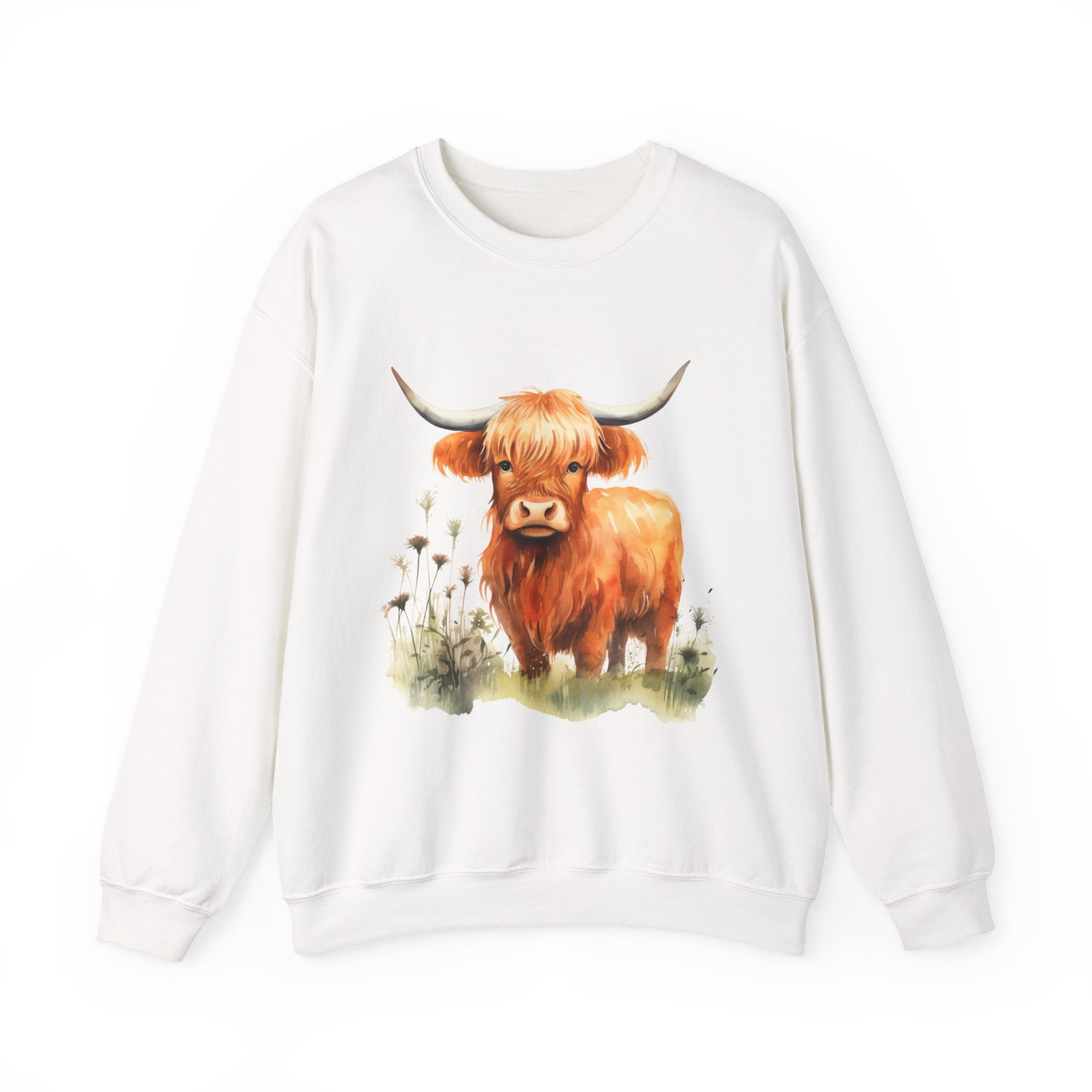 Highland Cow Crewneck Sweatshirt — Cute Watercolor Highland Cattle Graphic