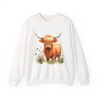 Highland Cow Crewneck Sweatshirt — Cute Watercolor Highland Cattle Graphic