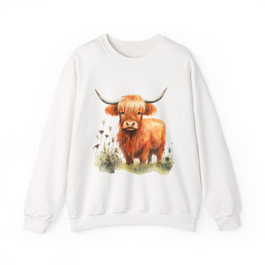 Highland Cow Crewneck Sweatshirt — Cute Watercolor Highland Cattle Graphic