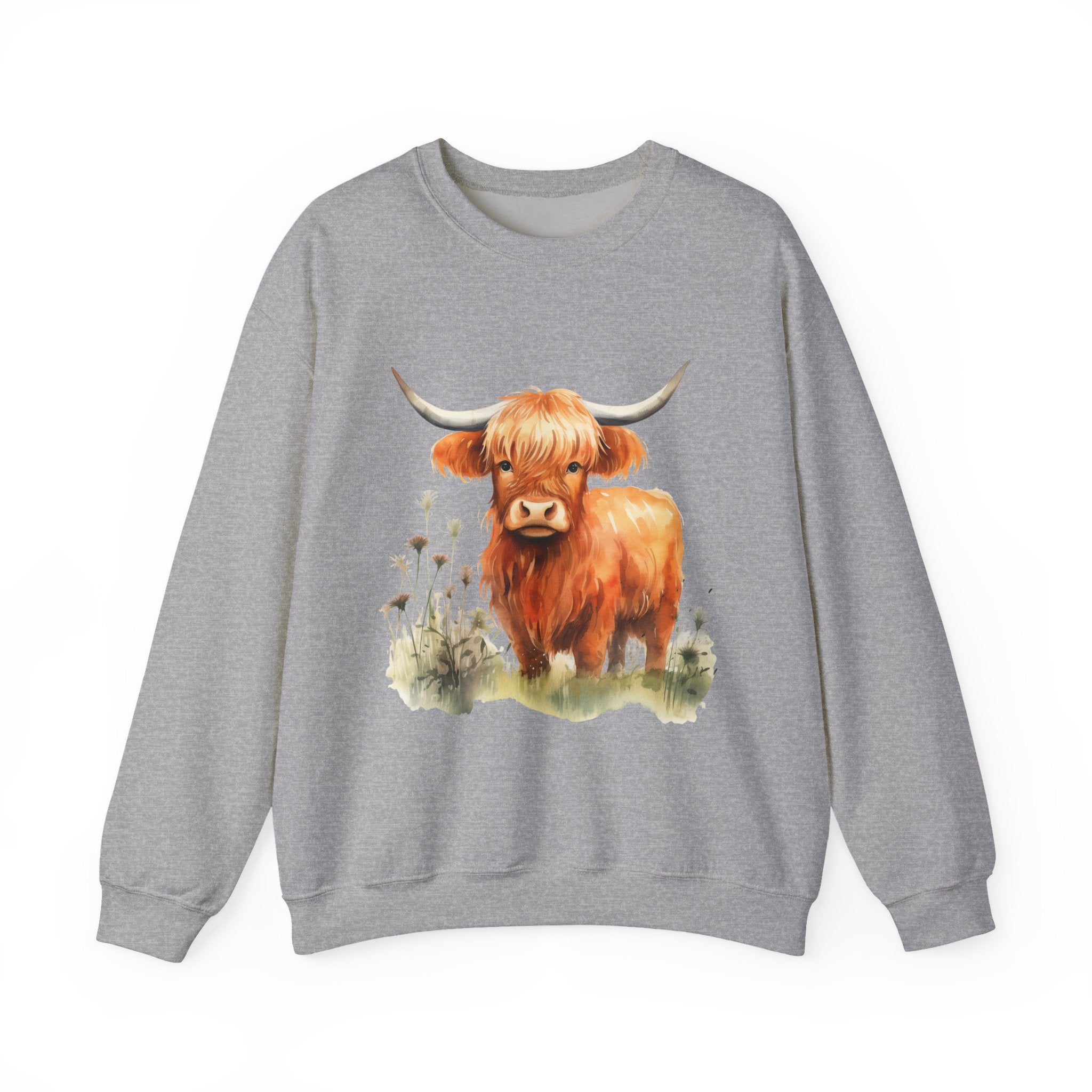 Highland Cow Crewneck Sweatshirt — Cute Watercolor Highland Cattle Graphic