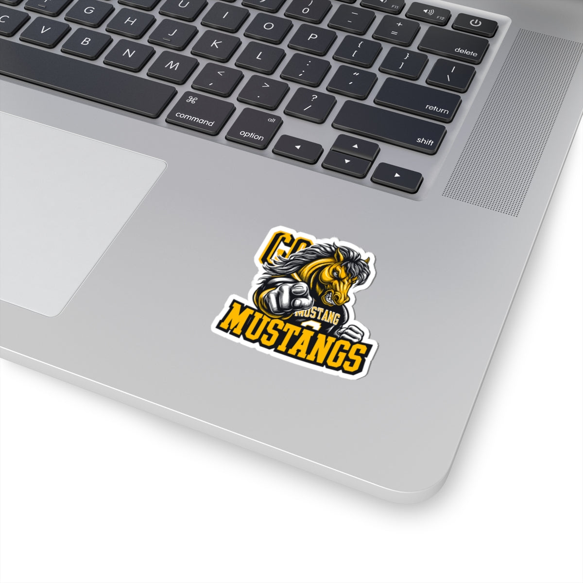 Mustangs Mascot Sticker — Pointing Mustang School Logo Kiss-Cut