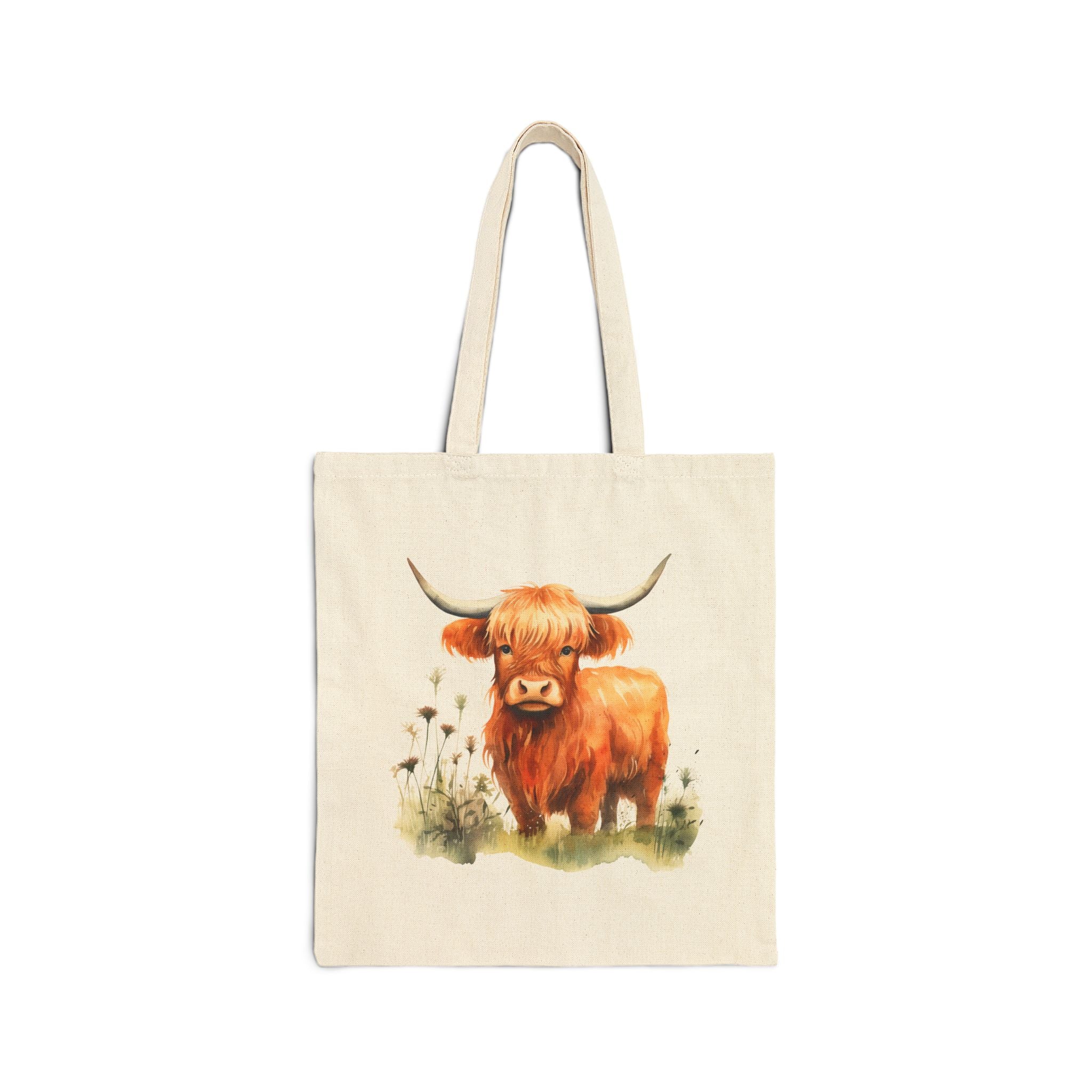 Highland Cow Canvas Tote Bag - Cute Watercolor Scottish Cattle Farmers Market Bag