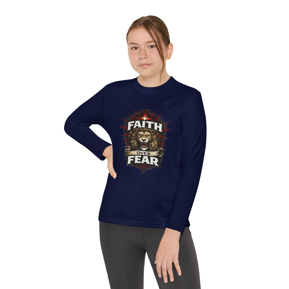 Youth Long Sleeve Tee - "Faith Over Fear" Lion Graphic
