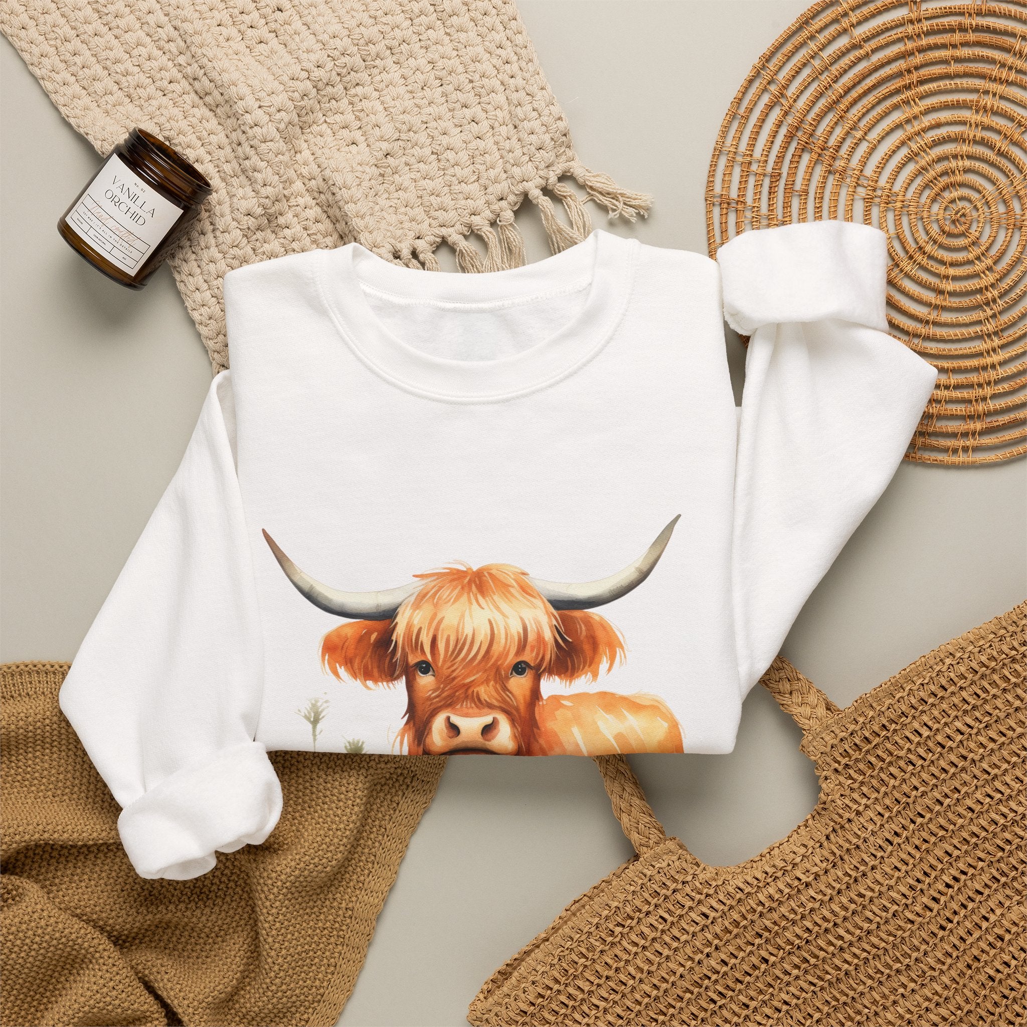 Highland Cow Crewneck Sweatshirt — Cute Watercolor Highland Cattle Graphic