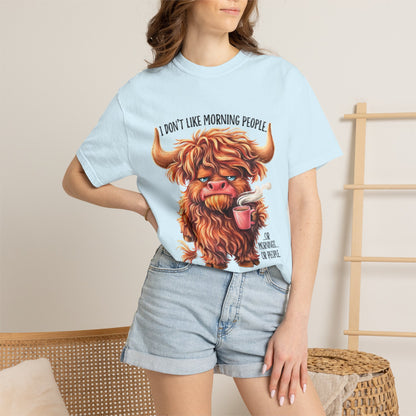 I Don't Like Morning People T-Shirt — Cute Grumpy Highland Cow Coffee Tee