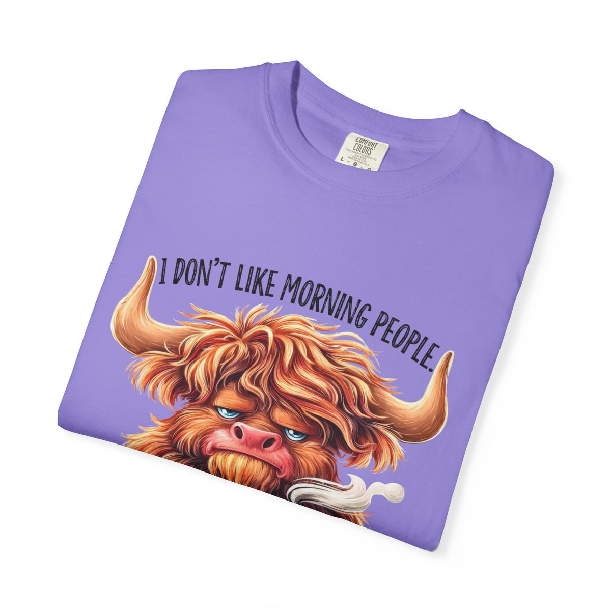 I Don't Like Morning People T-Shirt — Cute Grumpy Highland Cow Coffee Tee