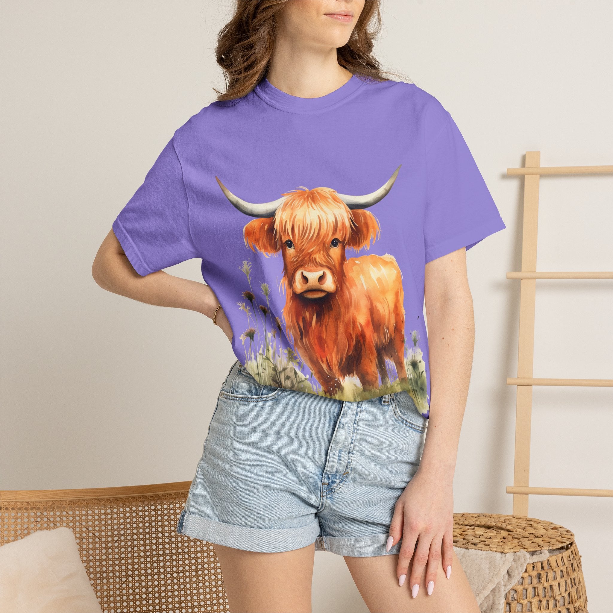 Highland Cow T-Shirt — Cute Watercolor Scottish Highland Cattle Tee