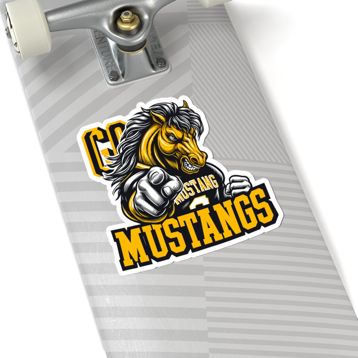 Mustangs Mascot Sticker — Pointing Mustang School Logo Kiss-Cut