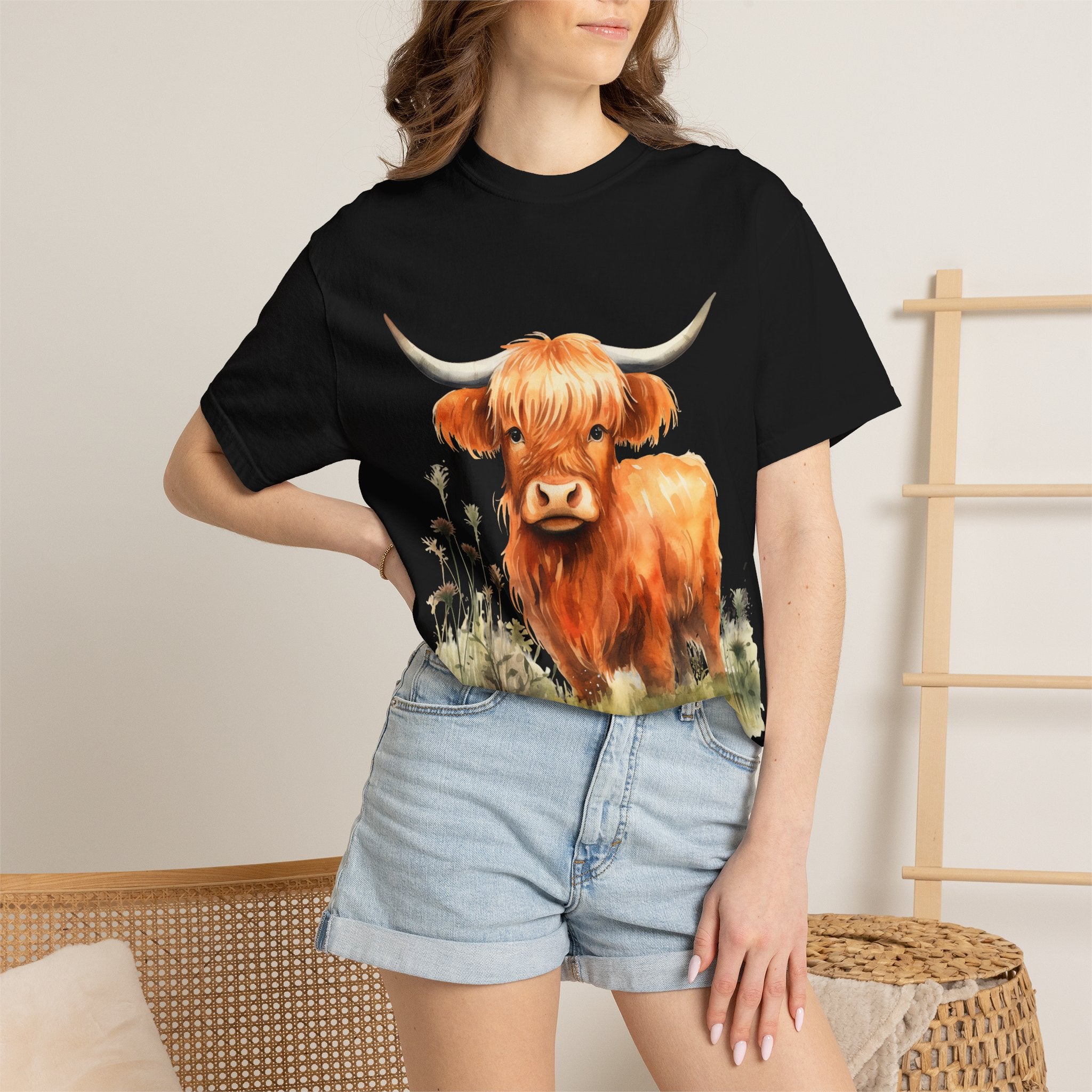 Highland Cow T-Shirt — Cute Watercolor Scottish Highland Cattle Tee
