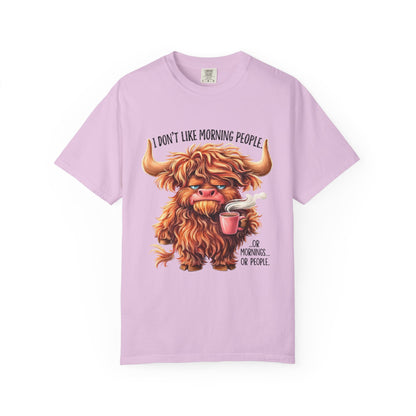I Don't Like Morning People T-Shirt — Cute Grumpy Highland Cow Coffee Tee