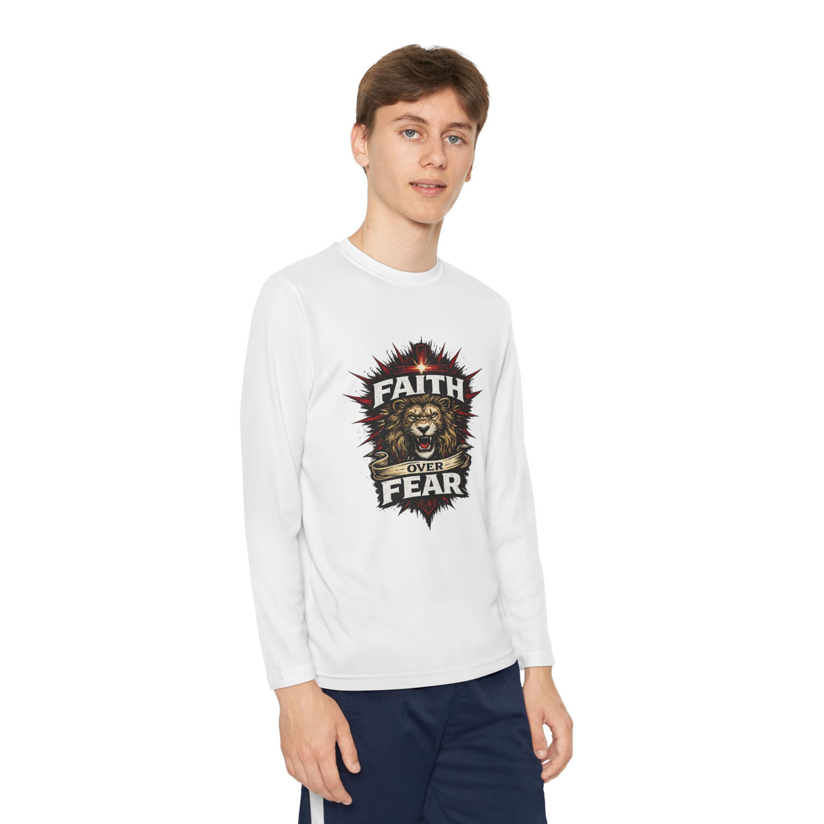 Youth Long Sleeve Tee - "Faith Over Fear" Lion Graphic
