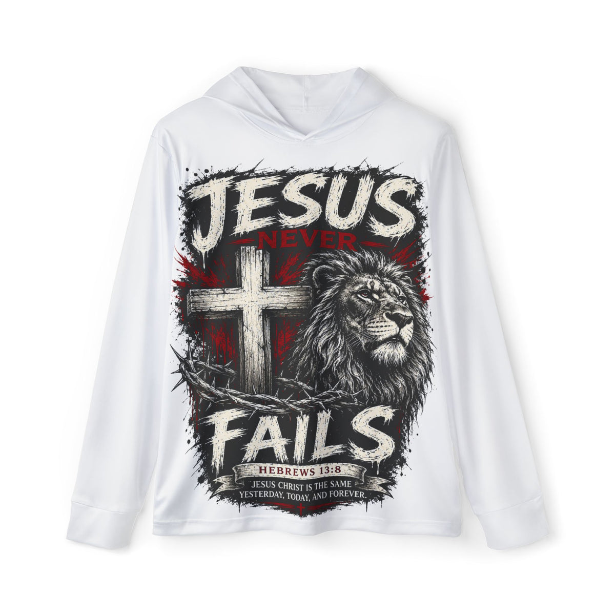 Jesus Never Fails Hoodie - Lion & Cross Christian Faith Sports Warmup