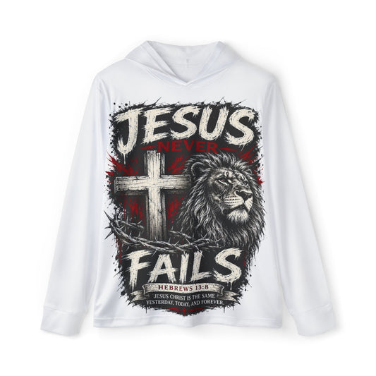 Jesus Never Fails Hoodie - Lion & Cross Christian Faith Sports Warmup