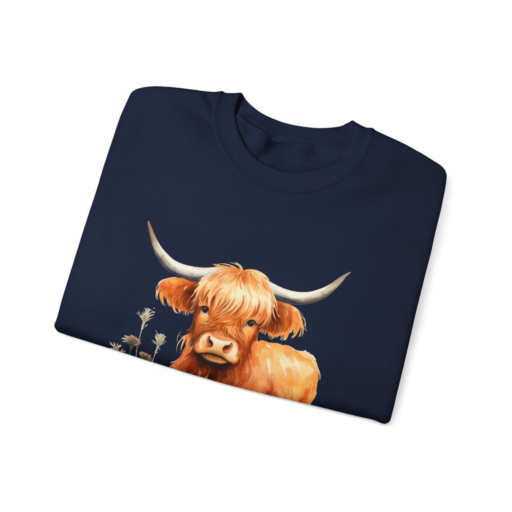 Highland Cow Crewneck Sweatshirt — Cute Watercolor Highland Cattle Graphic