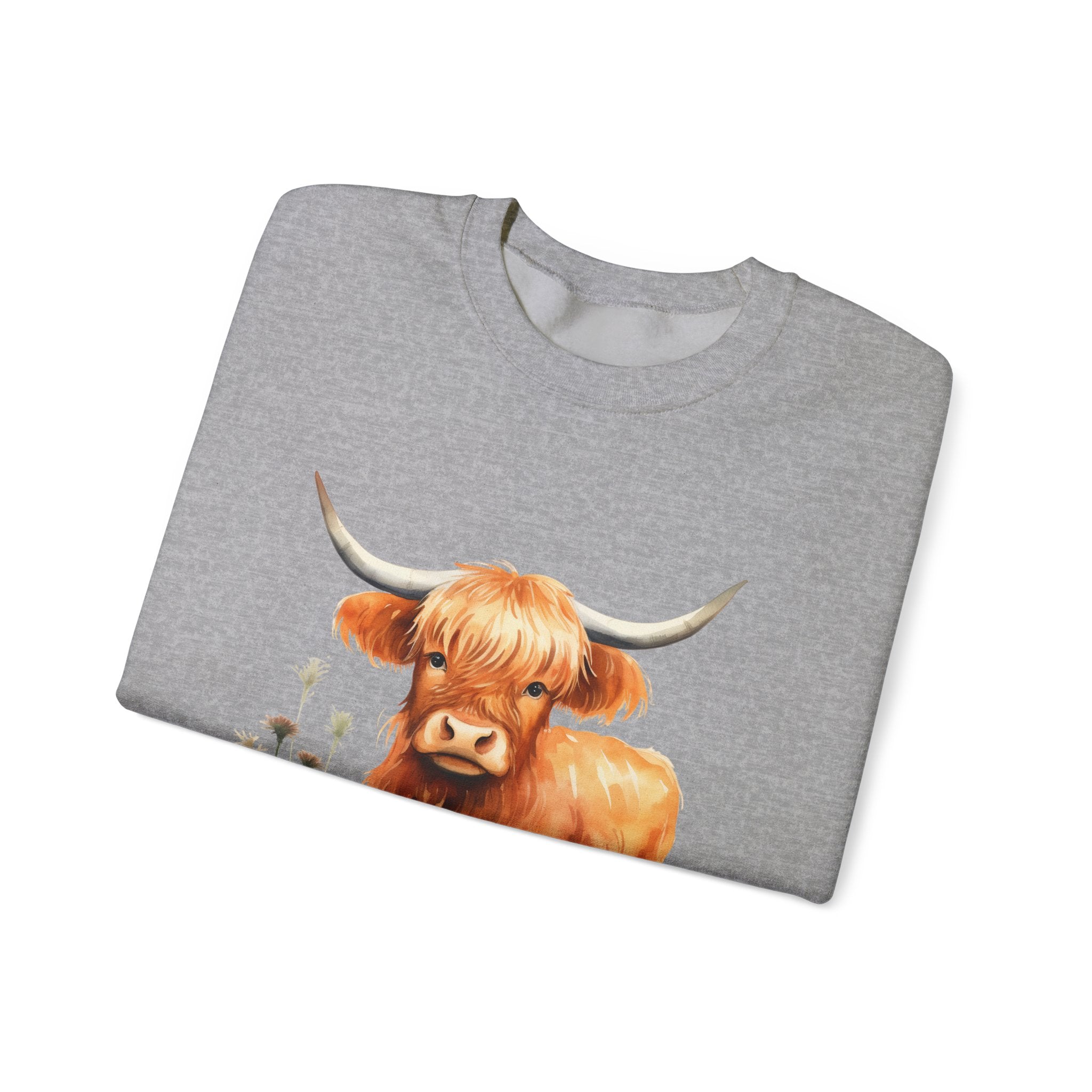 Highland Cow Crewneck Sweatshirt — Cute Watercolor Highland Cattle Graphic