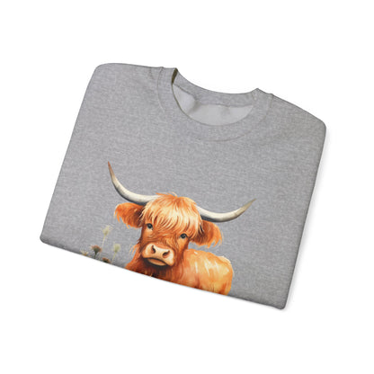 Highland Cow Crewneck Sweatshirt — Cute Watercolor Highland Cattle Graphic