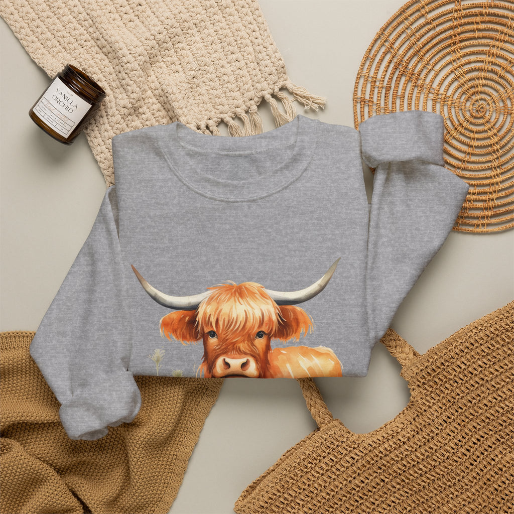 Highland Cow Crewneck Sweatshirt — Cute Watercolor Highland Cattle Graphic