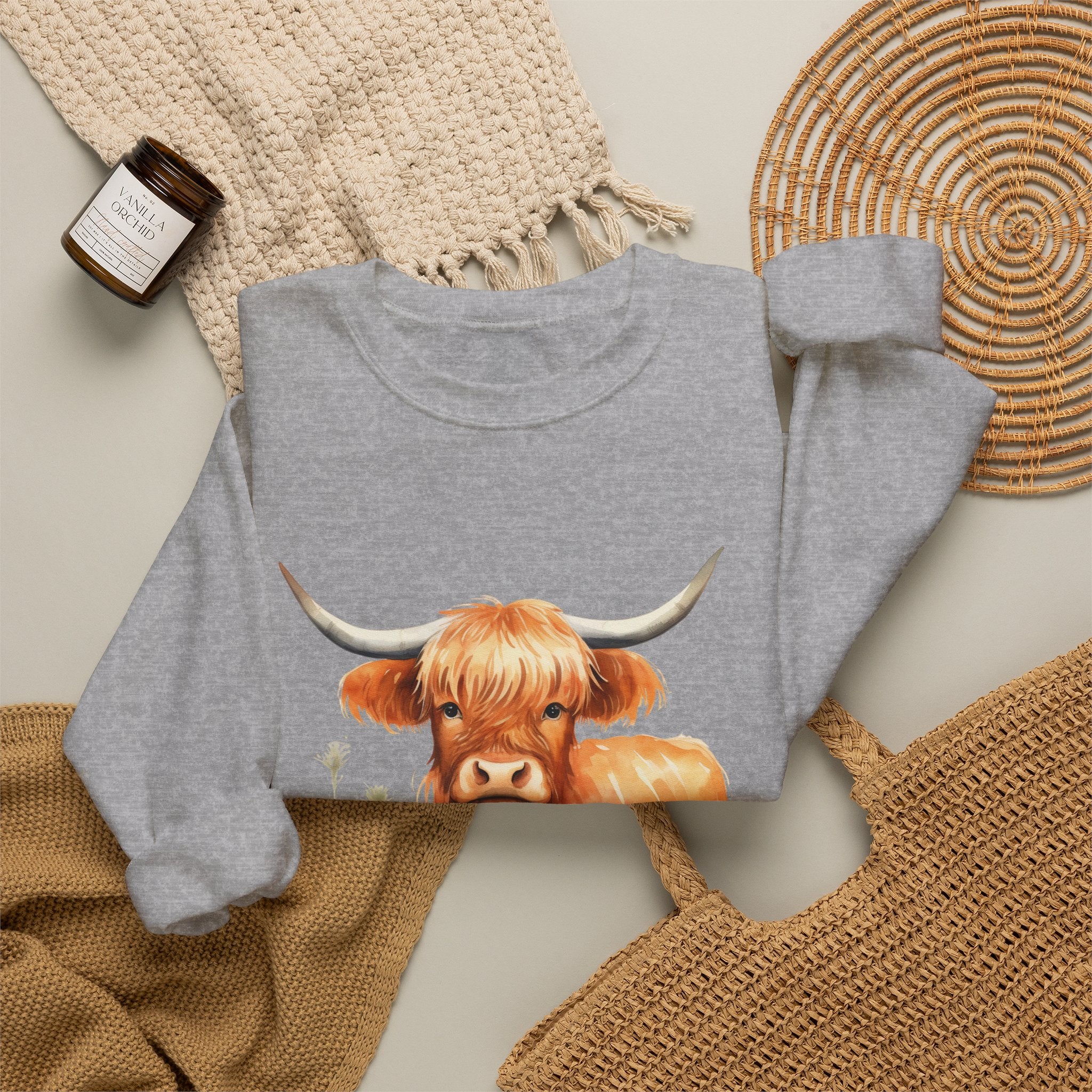 Highland Cow Crewneck Sweatshirt — Cute Watercolor Highland Cattle Graphic