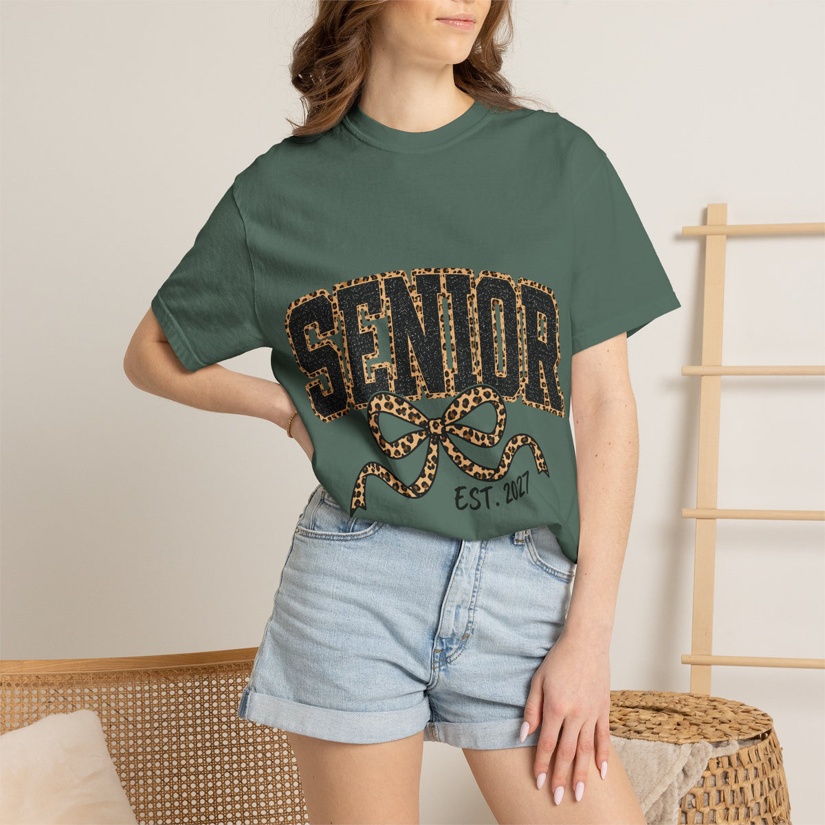 Senior Leopard Bow T-Shirt — "Senior Est. 2027" Graduation Tee