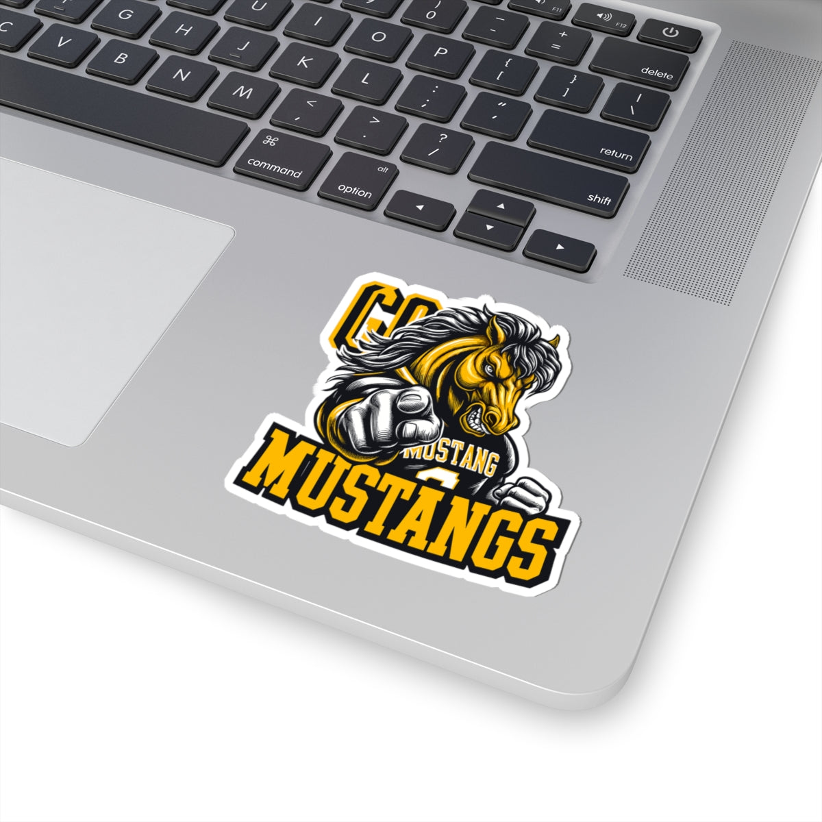 Mustangs Mascot Sticker — Pointing Mustang School Logo Kiss-Cut