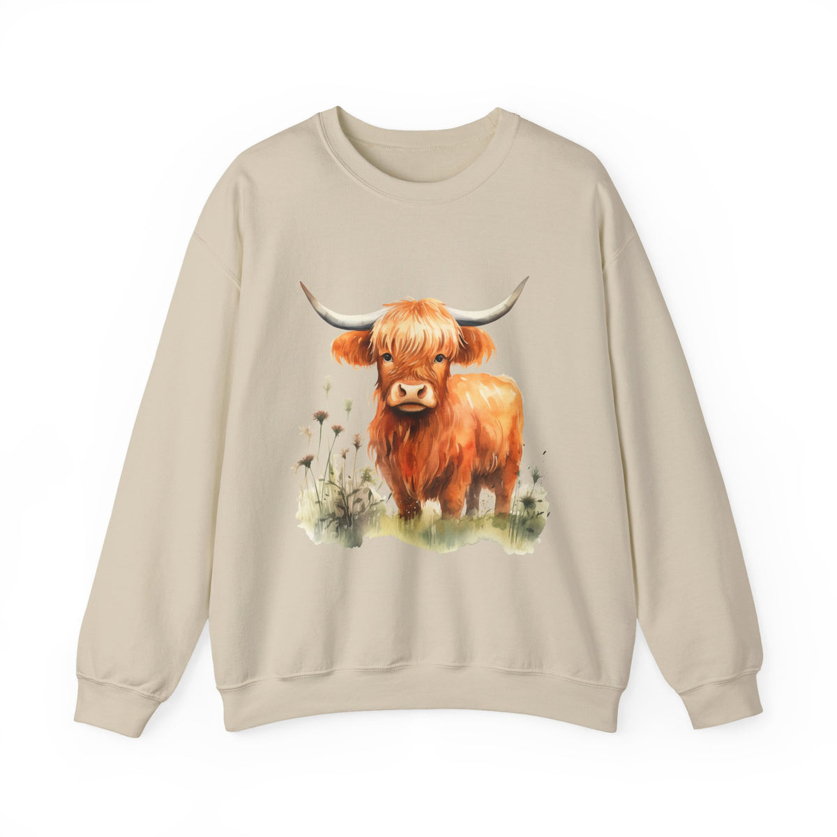 Highland Cow Crewneck Sweatshirt — Cute Watercolor Highland Cattle Graphic