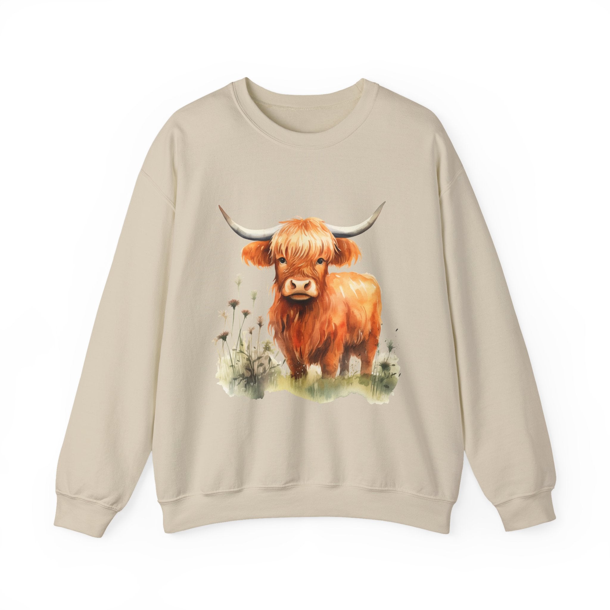 Highland Cow Crewneck Sweatshirt — Cute Watercolor Highland Cattle Graphic