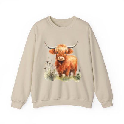 Highland Cow Crewneck Sweatshirt — Cute Watercolor Highland Cattle Graphic