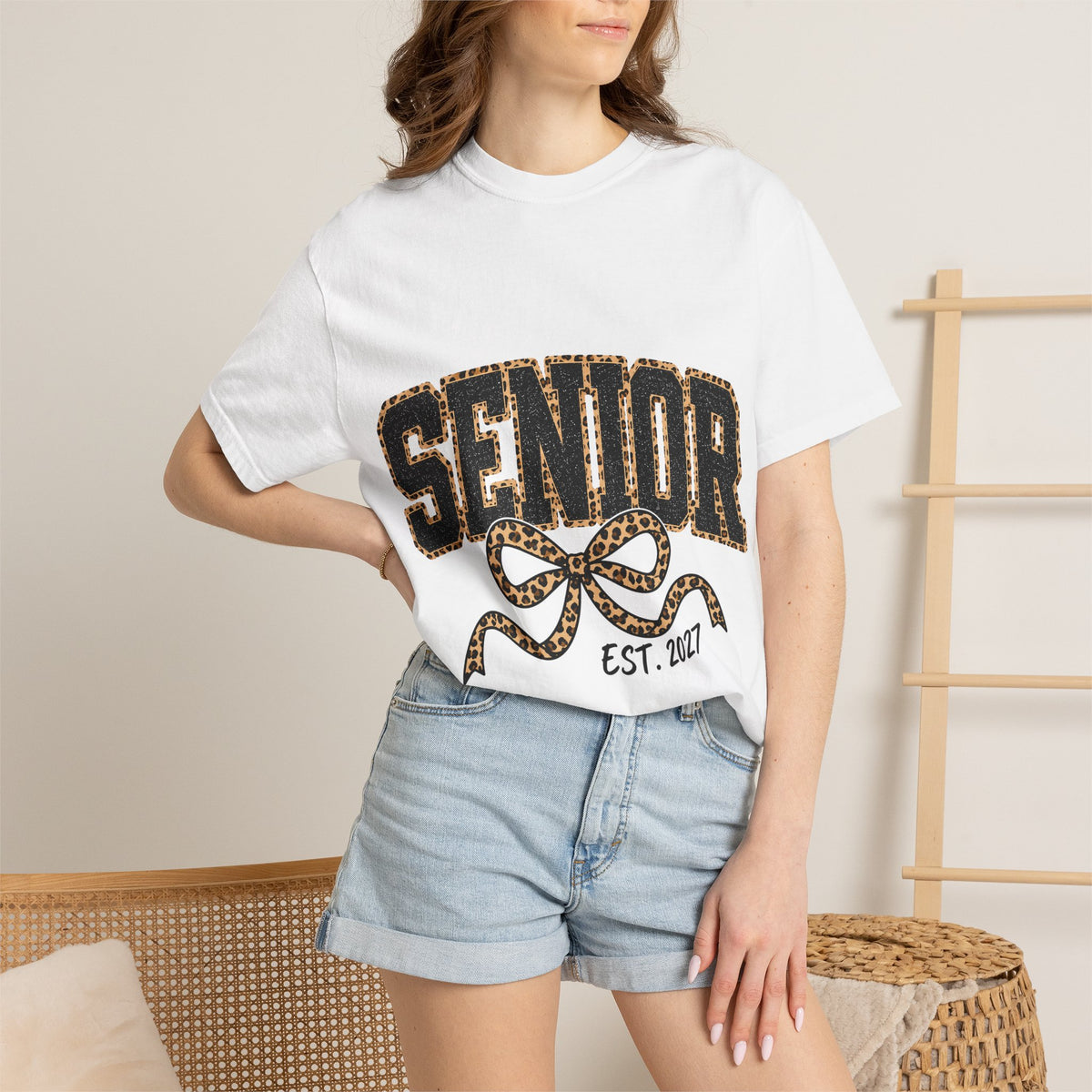 Senior Leopard Bow T-Shirt — "Senior Est. 2027" Graduation Tee