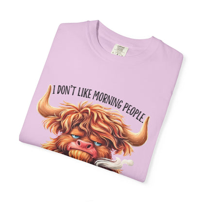 I Don't Like Morning People T-Shirt — Cute Grumpy Highland Cow Coffee Tee