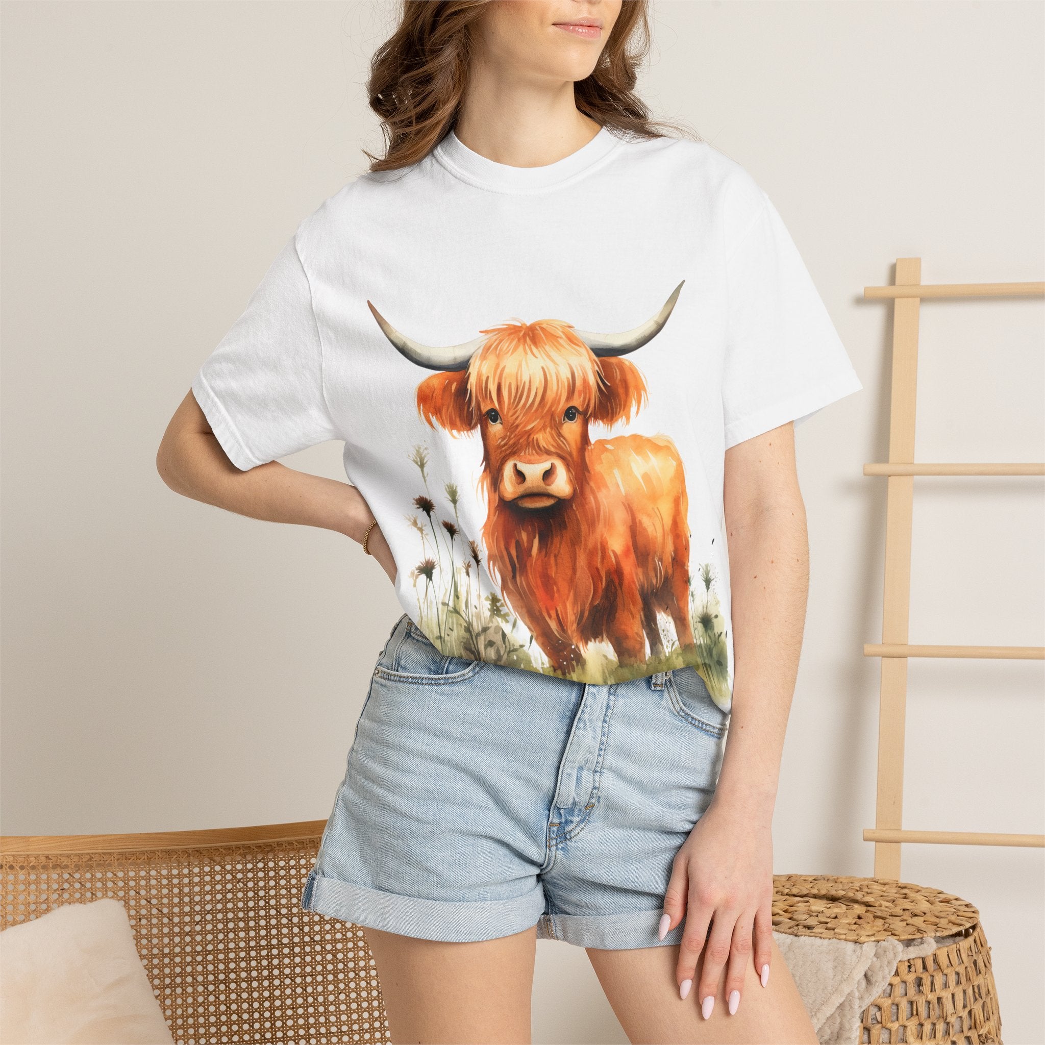 Highland Cow T-Shirt — Cute Watercolor Scottish Highland Cattle Tee