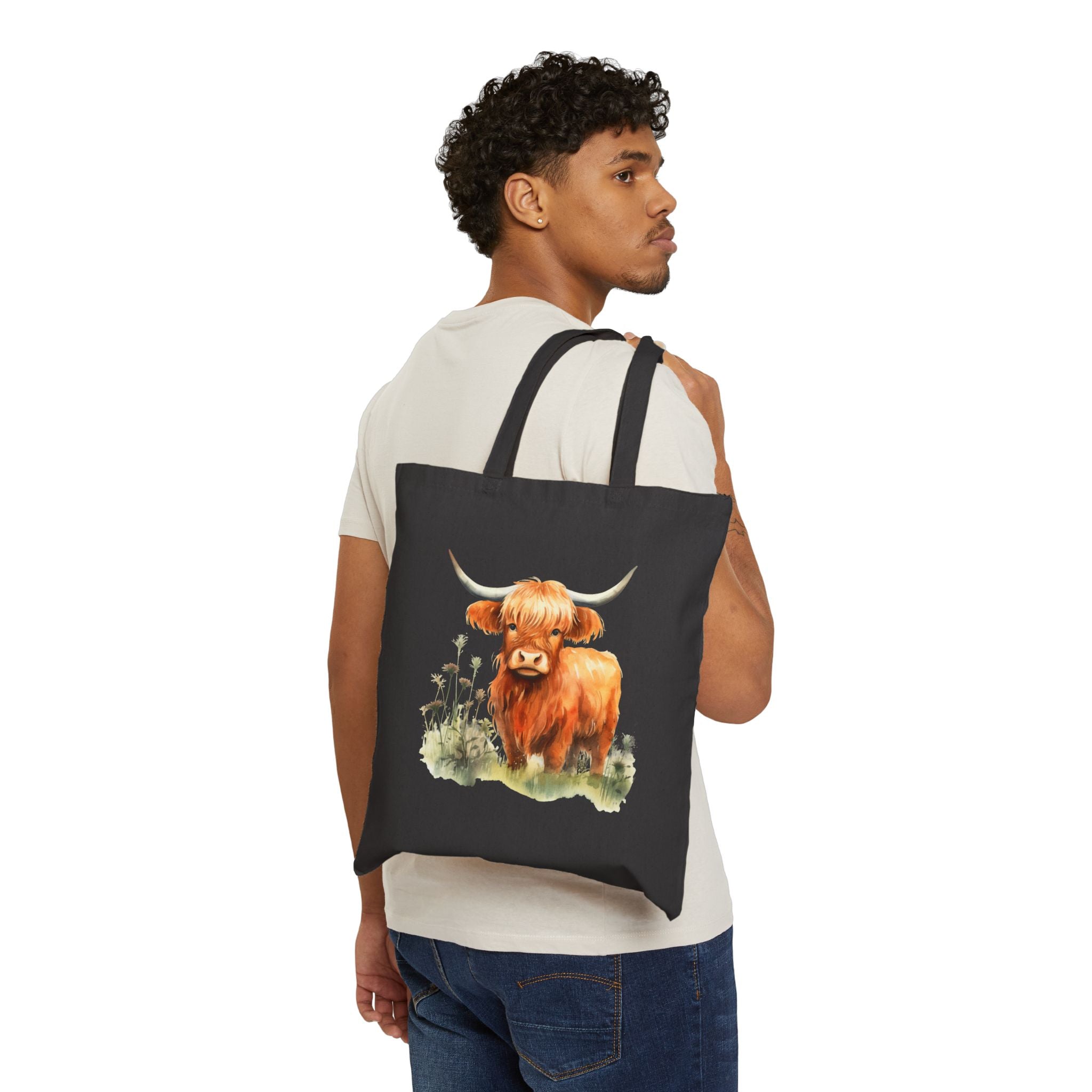 Highland Cow Canvas Tote Bag - Cute Watercolor Scottish Cattle Farmers Market Bag