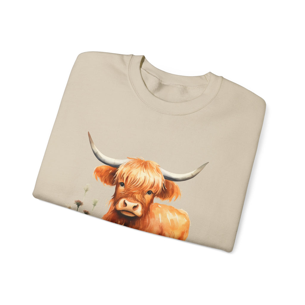 Highland Cow Crewneck Sweatshirt — Cute Watercolor Highland Cattle Graphic