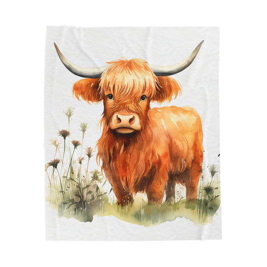 Highland Cow Velveteen Plush Blanket — Cute Watercolor Calf Throw for Farmhouse Decor & Cozy Gifts