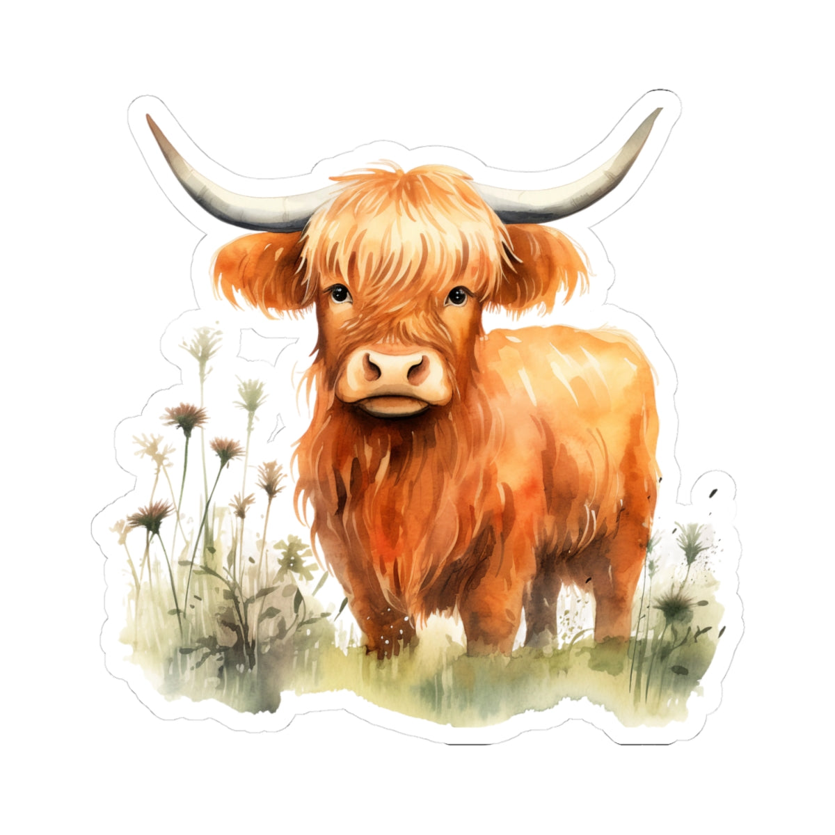 Highland Cow Kiss-Cut Sticker – Watercolor Farm Animal Decal for Laptops, Water Bottles & Journals