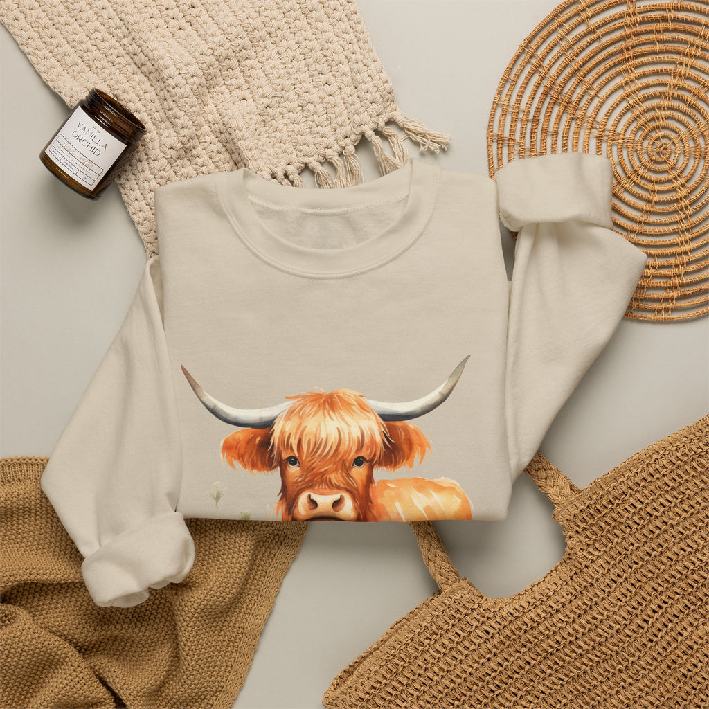 Highland Cow Crewneck Sweatshirt — Cute Watercolor Highland Cattle Graphic
