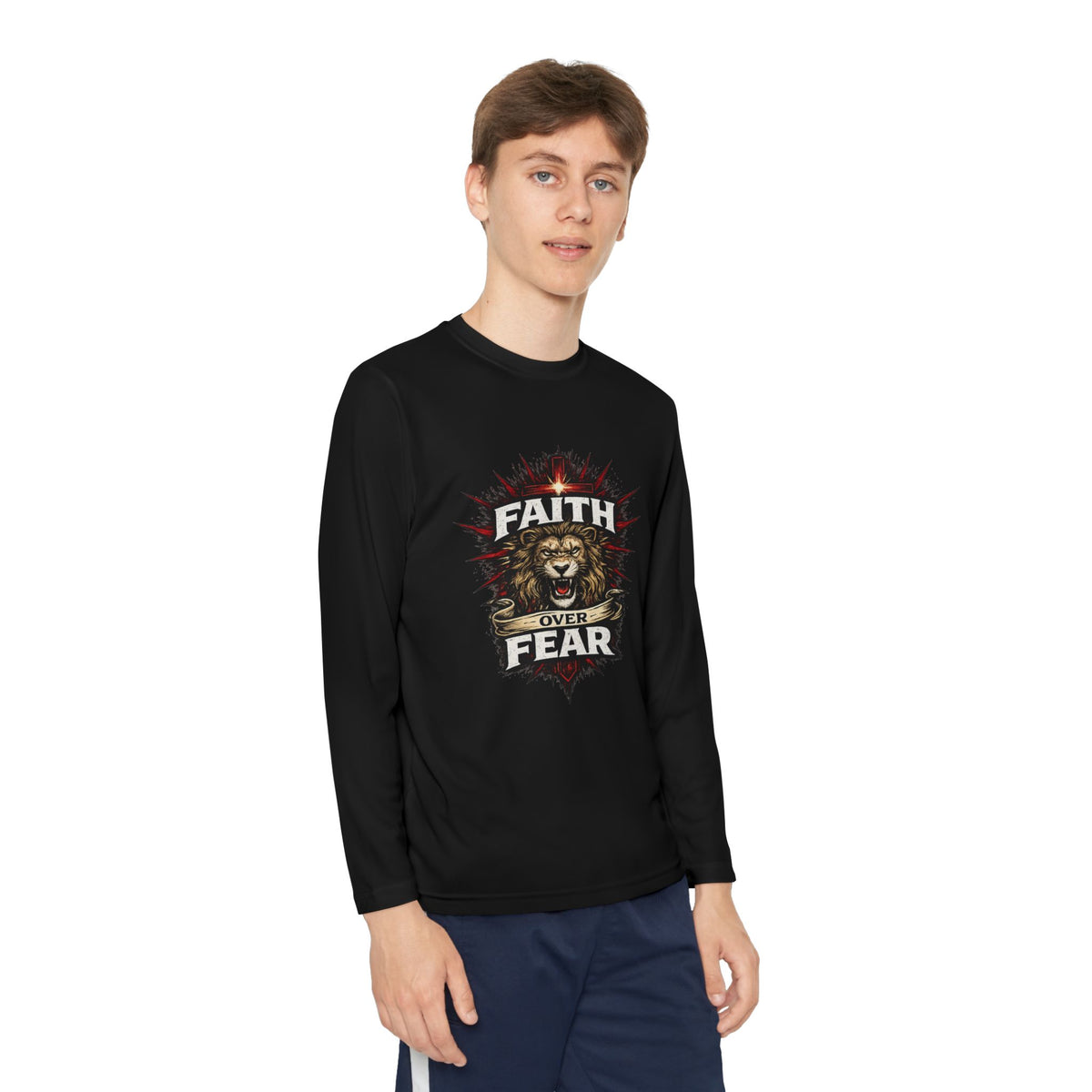 Youth Long Sleeve Tee - "Faith Over Fear" Lion Graphic
