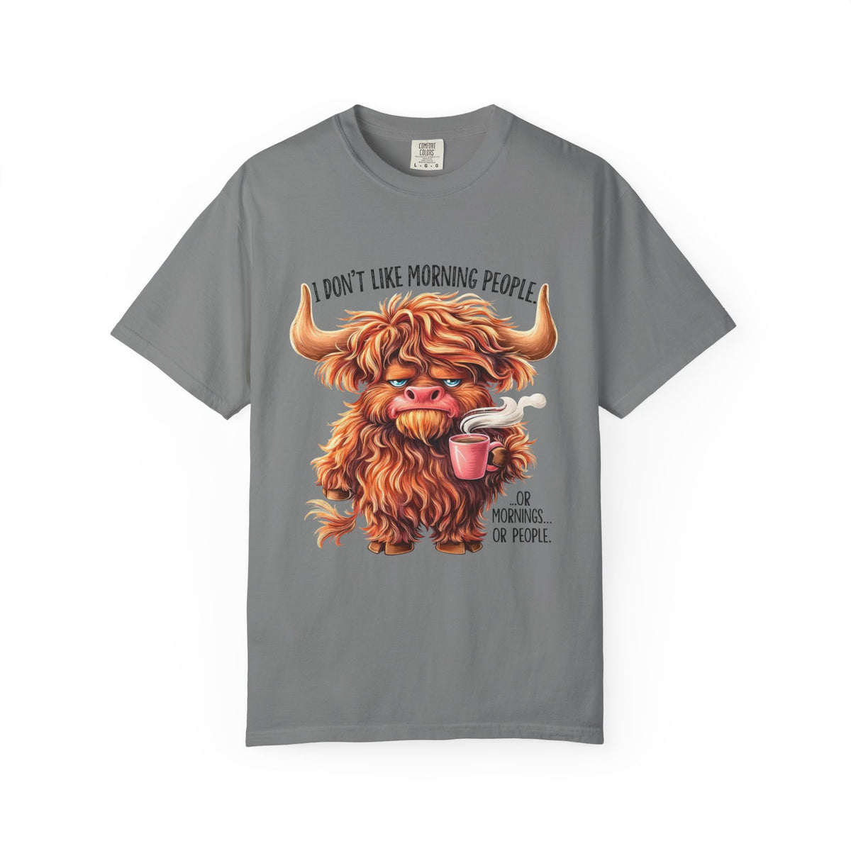 I Don't Like Morning People T-Shirt — Cute Grumpy Highland Cow Coffee Tee