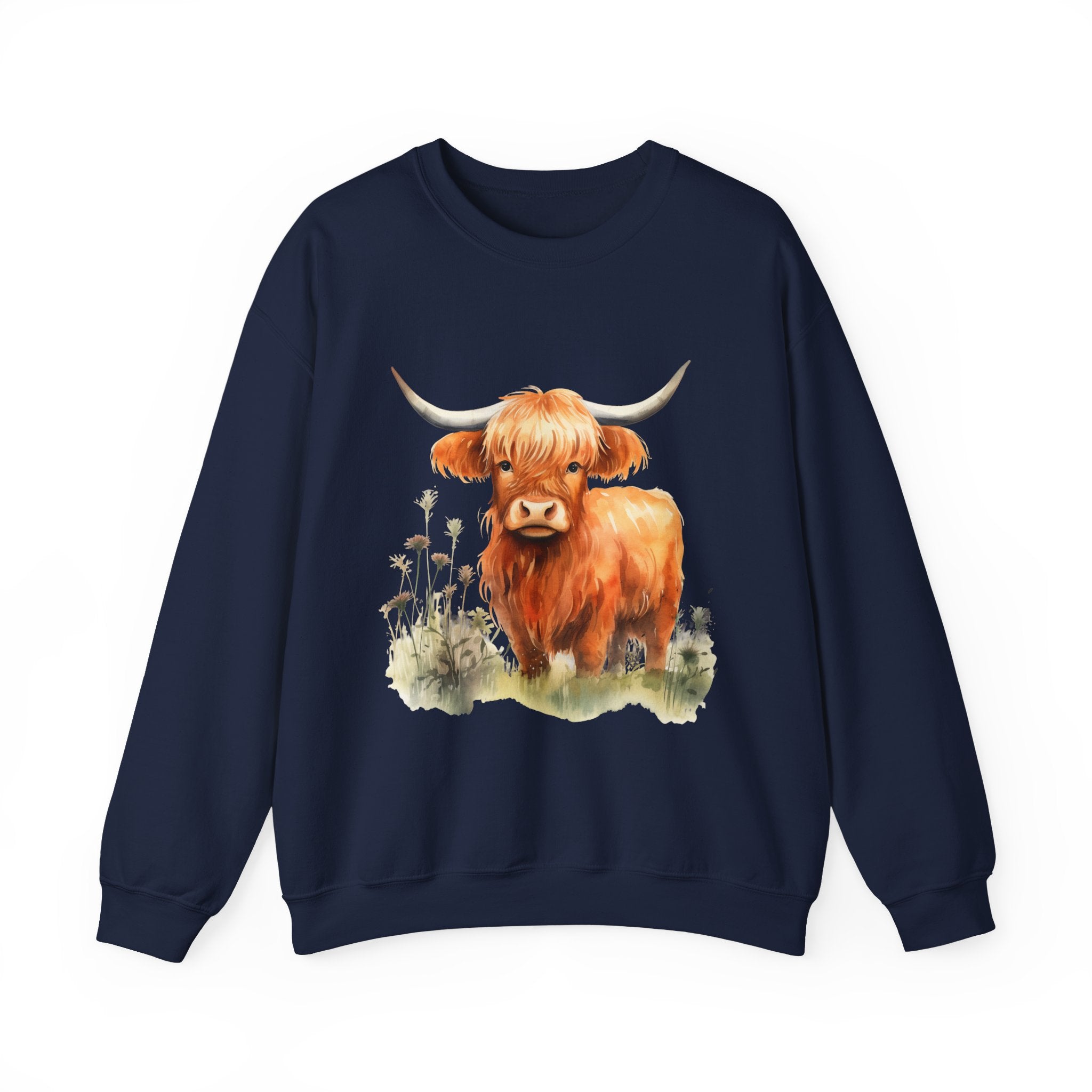 Highland Cow Crewneck Sweatshirt — Cute Watercolor Highland Cattle Graphic