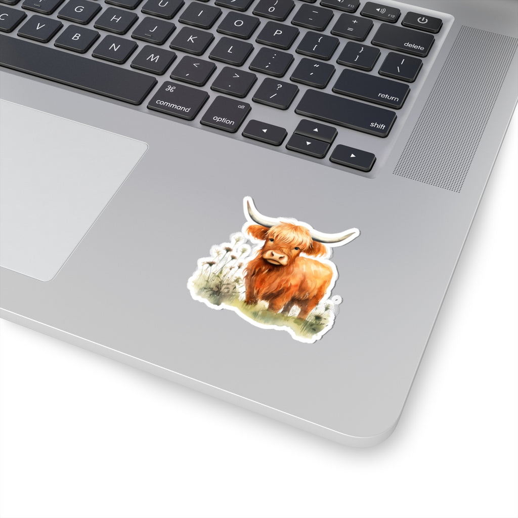 Highland Cow Kiss-Cut Sticker – Watercolor Farm Animal Decal for Laptops, Water Bottles & Journals