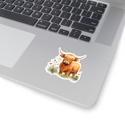Highland Cow Kiss-Cut Sticker – Watercolor Farm Animal Decal for Laptops, Water Bottles & Journals