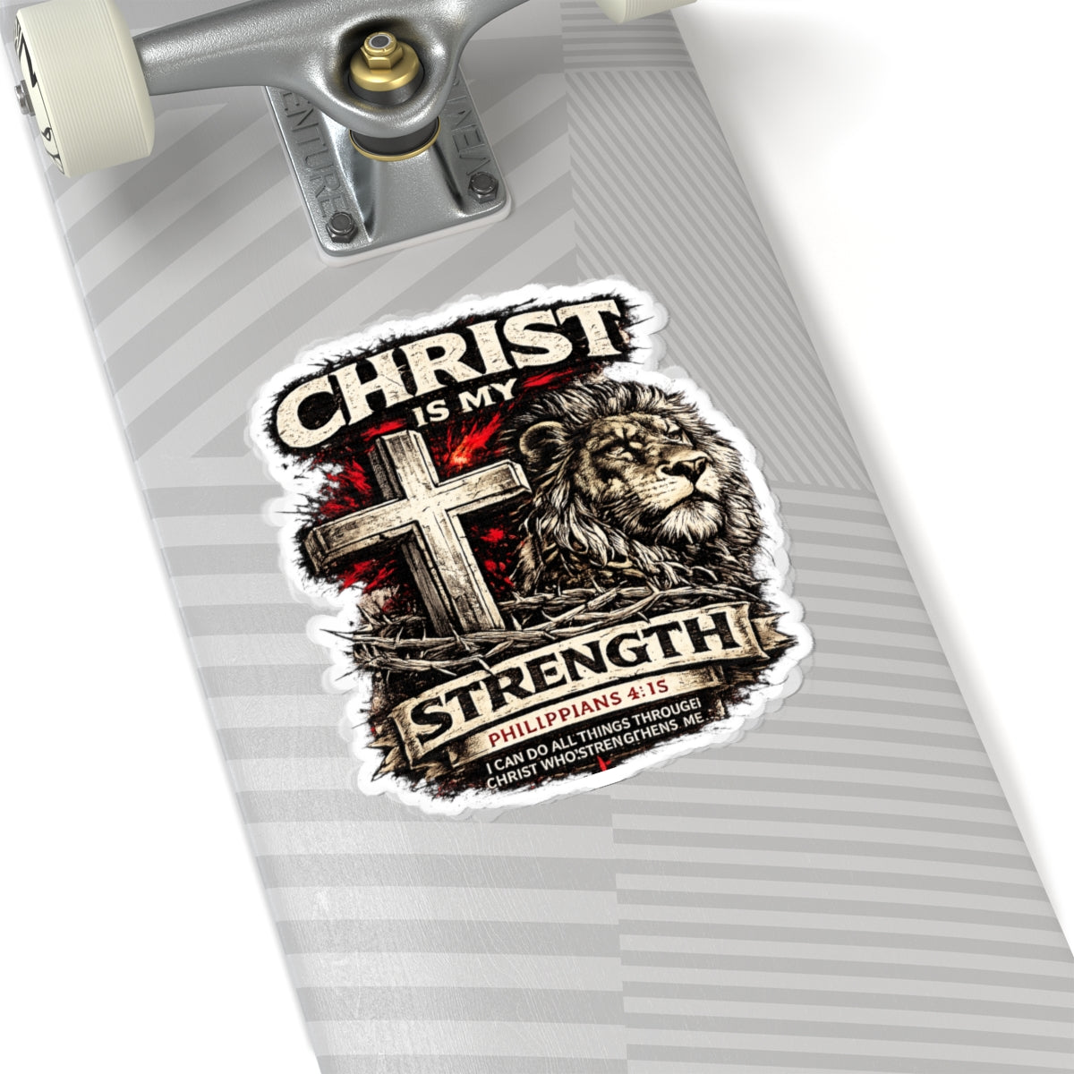 Christ Is My Strength Kiss-Cut Sticker — Lion & Cross Philippians 4:13 Faith Decal